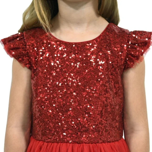 Zunie Red sequin velvet tulle hi-low flower girl flutter sleeve dress gown 10 12